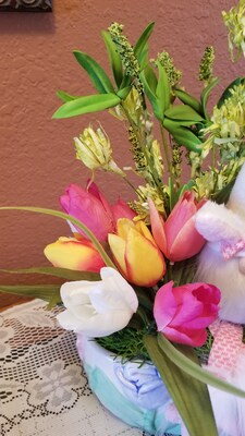 Easter table centerpiece with bunny gnome, Easter dining table decor, spring flower arrangement in tulip ceramic vase, bunny gnome decor - image4